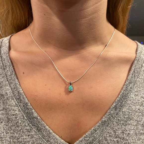 Sterling Silver Green Lab Oval Opal Necklace - Picture 5 of 17